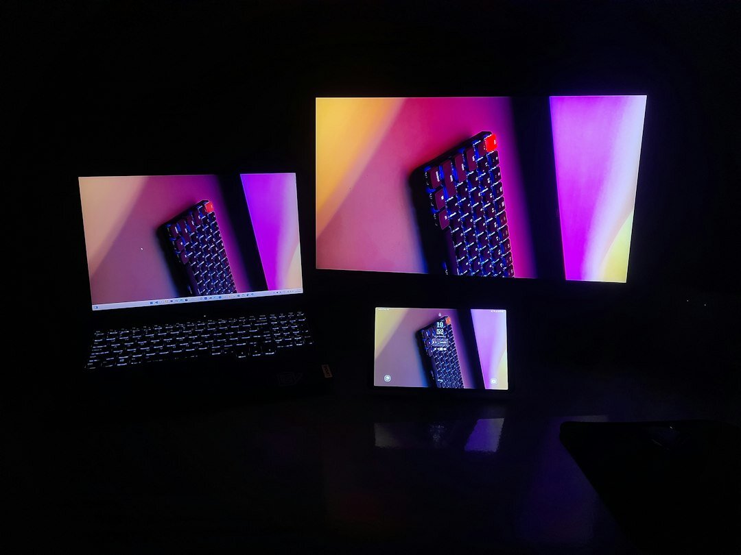 Video editing suite with multiple screens showing footage